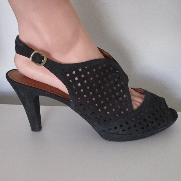 Clarks Artisan Womens Black Suede Lasercut Slingback Platform Peep Heel - 11M - Picture 3 of 9